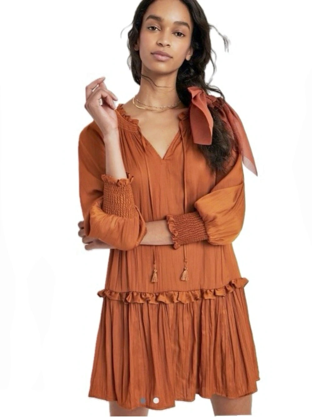 Chelsea & Theodore, Rust Orange Boho Ruffle Tiered Dress, Size M